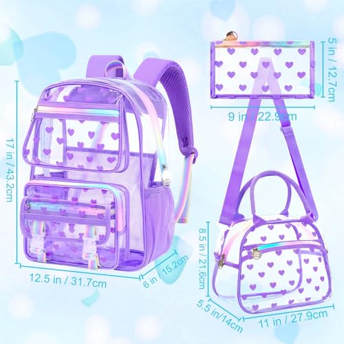 KLFVB 3PCS Transparent Backpack Heavy Duty, Girls See Through School Bag Set, Cute Clear Bookbag for Women - Heart Love Purple - color: Heart Love Purple Clear Backpack