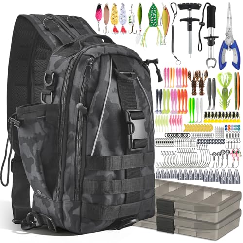 Fishing Tackle Backpack with 2 Tackle Boxes, 208PCS Complete Fishing Gear Kit for Beginners, Waterproof Fishing Bag Organizer with Fish Hook Remover, Lip Gripper, Pliers, Ideal Gift for Men