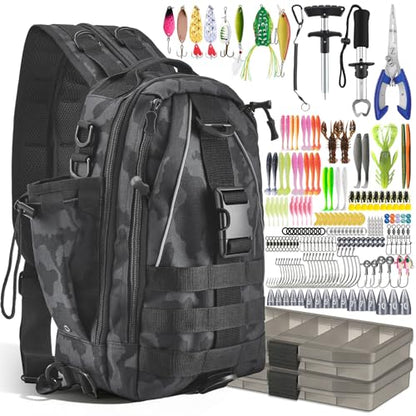 Fishing Tackle Backpack with 2 Tackle Boxes, 208PCS Complete Fishing Gear Kit for Beginners, Waterproof Fishing Bag Organizer with Fish Hook Remover, Lip Gripper, Pliers, Ideal Gift for Men