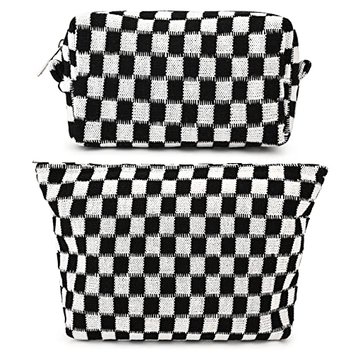 SOIDRAM 2 Pieces Black Makeup Bag Large Checkered Cosmetic Bag Capacity Canvas Mix Travel Toiletry Bag Organizer Cute Makeup Brushes Aesthetic Accessories Storage Bag for Women, Checkered Mix Black - color: Black