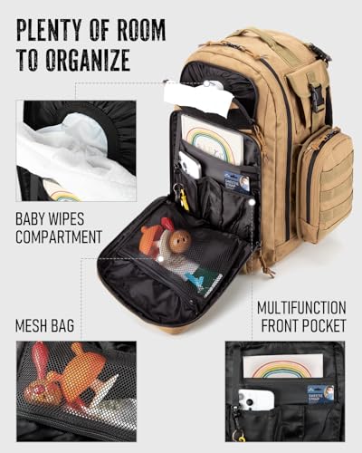 Dinictis Dad Diaper Bag, Mens Diaper Bag Backpack with Diaper Changing Mat, Military Diaper Backpack with Molle Webbing, Waterproof Pouch, Baby Wipes pocket, Insulated Bottle Pockets- Jungle Brown - color: Jungle Brown