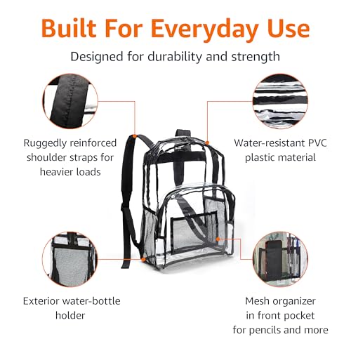 Amazon Basics Transparent Clear School Backpack, Water-Resistant PVC Plastic, Reinforced Shoulder Straps, 17 x 7 x 13 in - color: Clear, size: 1-Pack