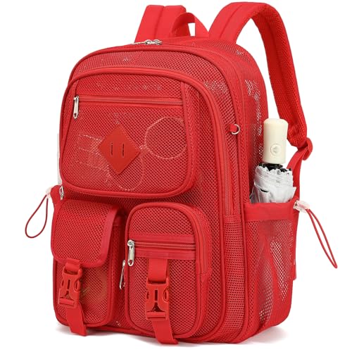Mesh Backpack for Girls Boys, Women Mesh Bookbags Heavy Duty Semi-Transparent School Bag Net Back Pack for Travel, Beach, Swimming, Work - Red - color: Red