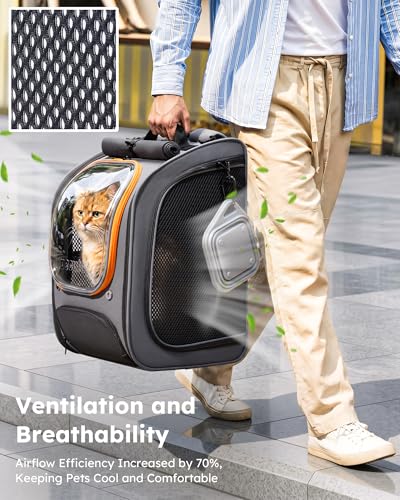 Pecute Cat Backpack Carrier,Large Space Cat Bubble Backpack,Ergonomic,Gray | Color Blocking,Sunshade curtain,Folding bowl,Transparent window,Sturdy,Large mesh on both sides for breathability - color: Gray-on-Gray Color Blocking
