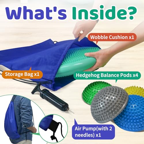 Wobble Cushion Set for Sensory Kids and Balance Training - Disc Plus 4 Pods, Board With Pump, Inflatable Stepping Pads for Adults - color: Teal