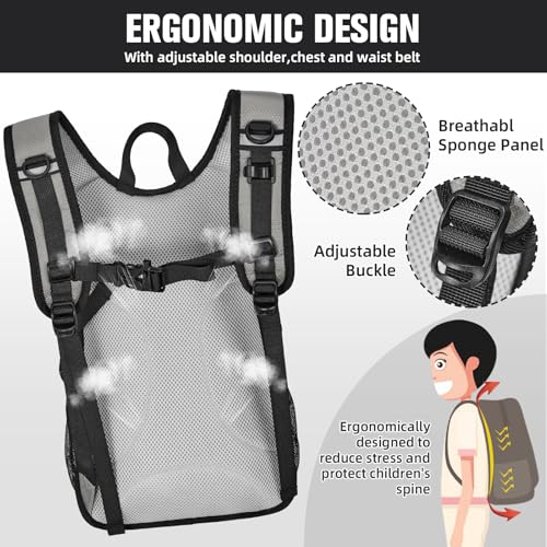 12L Kids Hiking Backpack, Small Hydration Backpack, Waterproof Kids Camping Daypack 5-10, No Water Bladder… - color: Grey