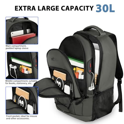 Goloni Laptop Backpack for Men Women, 17 Inch Travel Backpack with USB Charging Port, Water Resistant Lightweight Backpack with Compartments, 30L Casual Daypack,Grey - color: Grey