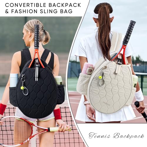 Quilted Tennis Bag for Women – Tennis Backpack & Crossbody Sling | Holds 2 Rackets or 3 Pickleball Paddles | Lightweight Badminton Racket Bag, Tennis Tote & Sports Backpack - color: Black