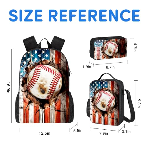 3PCS Baseball Print Backpack for Boys Girls Teens, School Backpack with Lunch Box Pencil Case for Elementary Middle High Students, 17 Inch Lightweight Bookpack 3 in 1 Set Back to Shool Gifts for Kids - color: American Flag Baseball S01