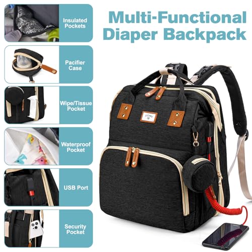 JSTPRO Diaper Bag Backpack, Large Waterproof Lightweight Diaper Bag with Changing Station, Insulated Pockets, USB Port, Travel Bag for Mom and Dad (Black) - color: Black