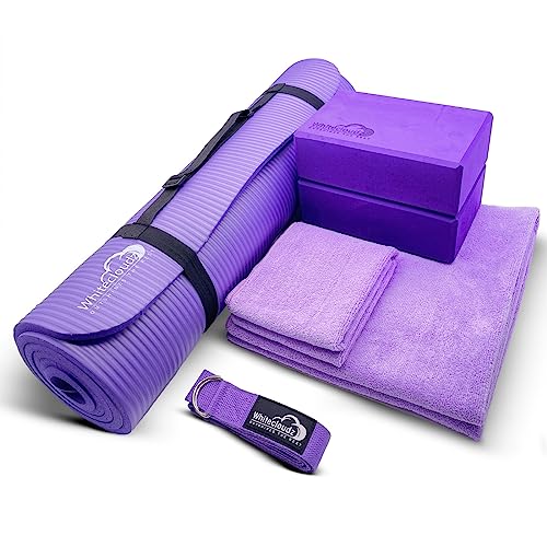 WHITECLOUDZ Yoga kit, 7-Piece Yoga Mat Set for Home Workouts, Thick Yoga Mat, Yoga Blocks, Strap, Yoga Towels & Carrying Bag, Exercise Mat with Yoga Equipment for Women & Men, Enhance Yoga Practice