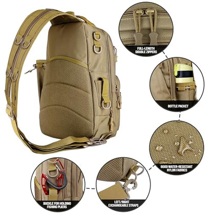 PLUSINNO Fishing Backpack Tackle Bag, Water-Resistant Backpack with Rod Holder, Ideal Gifts for Men - color: Khaki Backpack With 4 Boxes