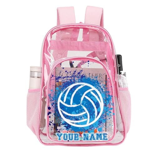 Custom Volleyball Clear Backpack Heavy Duty for Girls Kids Boys | Large Cool PVC Volleyball Theme Printing Transparent Backpacks for Schools Stadium Concerts Work - Clear/Pink - color: Volleyball Clear Backpack 2 Pink With Front Pocket Custom