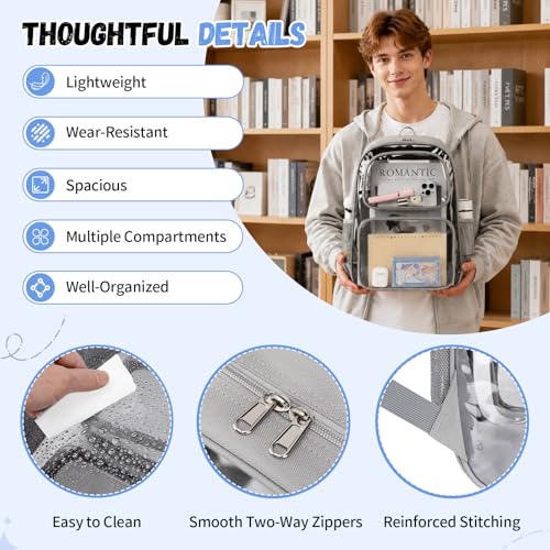 Sisipoet Clear Backpack for School, Heavy Duty PVC Transparent Backpack with Oxford Fabric Side Panels, Large Clear Bookbag for Teens Students Women Men, Grey - color: Grey
