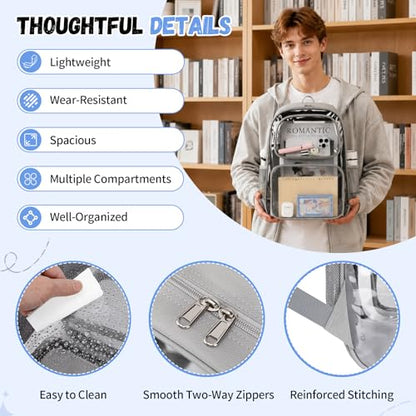 Sisipoet Clear Backpack for School, Heavy Duty PVC Transparent Backpack with Oxford Fabric Side Panels, Large Clear Bookbag for Teens Students Women Men, Grey - color: Grey