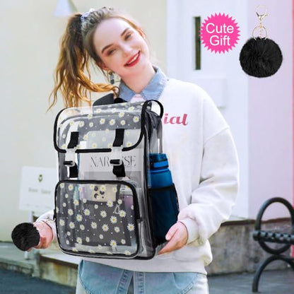 3PCS Clear Backpack, Heavy Duty Transparent Bookbag for Girls Women, Stadium Approved See Through Backpack with Lunch Box (Black Daisy) - color: Black Daisy
