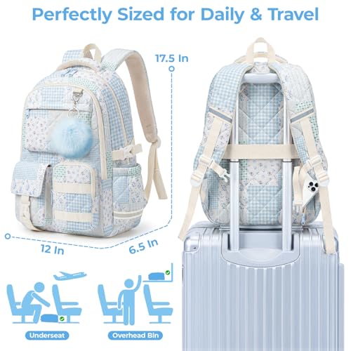 Quilted Backpack for Teen Girls,Cute Blue Patchwork School Backpack with Multi-Pocket Design,Lightweight Cotton Bookbag Fits 15.6" Laptop,Large Capacity Aesthetic Backpack with Plush Charm - color: Blue Green Patchwork