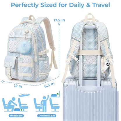 Quilted Backpack for Teen Girls,Cute Blue Patchwork School Backpack with Multi-Pocket Design,Lightweight Cotton Bookbag Fits 15.6" Laptop,Large Capacity Aesthetic Backpack with Plush Charm - color: Blue Green Patchwork