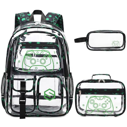 DIGOBAY 3PCS Cool Luminous Clear Backpack for Boys Kids, Gamer Clear Bookbag for School, See Through PVC Transparent Backpacks with Lunch Bag Pencil Case, Backpack Heavy Duty for School Stadium - color: Green