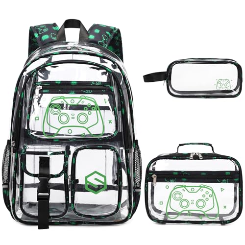 DIGOBAY 3PCS Cool Luminous Clear Backpack for Boys Kids, Gamer Clear Bookbag for School, See Through PVC Transparent Backpacks with Lunch Bag Pencil Case, Backpack Heavy Duty for School Stadium - color: Green