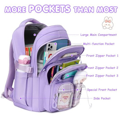 GeeWin Girls Backpack for School with Lunch Box & Pencil Case Set, 17 Inch Stylish Plaid Girls Bookbag with Lots of Pockets for Kids, Teens, Elementary Middle High College School Student (Purple) - color: Purple