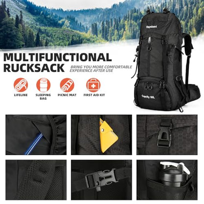 King'sGuard 60L waterproof lightweight hiking backpack with rain cover and shoe compartment outdoor sports travel backpack - color: Black