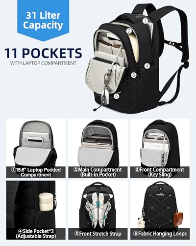 HanTrip Travel Laptop Backpacks for Women Men, Large Work Backpack for Commuter College School Book Bags, Reflective Water Resistant Backpack with Luggage Strap Water Bottle Pocket Chest Strap, Black - color: Black-2