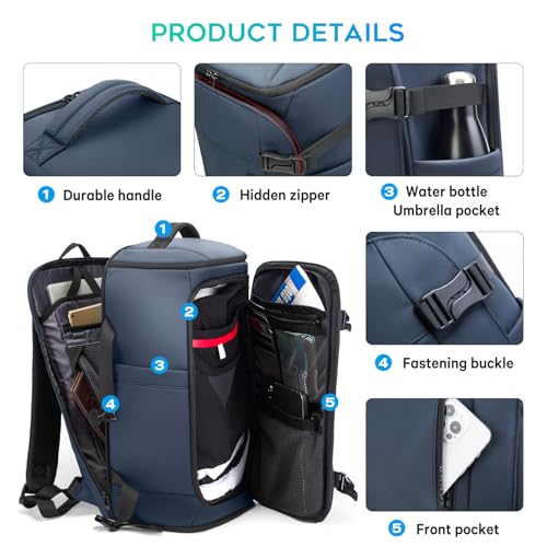 BANGE Travel Backpack with Shoe Compartment, 40L Large Capacity Back Pack, Men's Weekender Daypack Fits 17.3 Inch Laptop, Carry On Travel Backpack with Water Bottle Holder for Men and Women - color: Blue