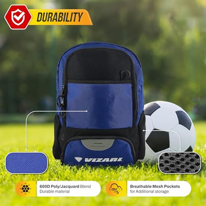 Vizari Soccer Backpack Soccer Bag | Water resistant Durable Equipment Bag for Football, Basketball, Volleyball | Cleats and Ball Compartment - Red,Blue,Pink,Black - color: Black/Royal