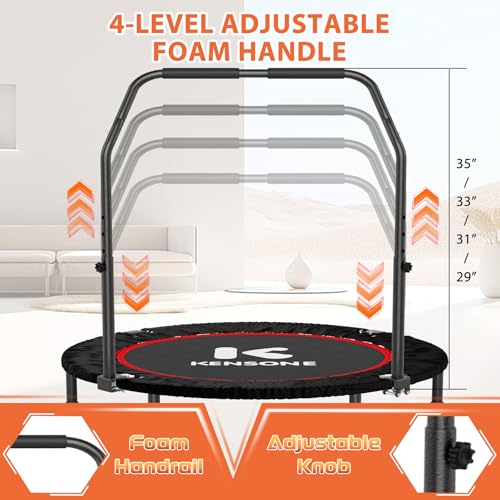 K KENSONE 40" Mini Flodable Spring Rebounder Trampoline for Adults, Small Exercise Trampoline for Indoor Workout and Fitness, Purple Resistance Band Included, Max Load 330 LBS - size: 40"(Gray Resistance Band), style: With Bar