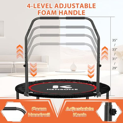 K KENSONE 40" Mini Flodable Spring Rebounder Trampoline for Adults, Small Exercise Trampoline for Indoor Workout and Fitness, Purple Resistance Band Included, Max Load 330 LBS - size: 40"(Gray Resistance Band), style: With Bar
