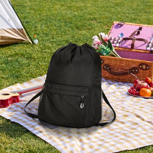 Waterproof Drawstring Bag, Lightweight String Backpack with Water Bottle Holder and Pockets, Gym Sports Cinch Sackpack (Black) - color: Black
