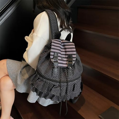 Cute Polka Dot Lace Backpack for Women Flap-top Casual Backpack Cute Nylon Bookbag - color: Black-