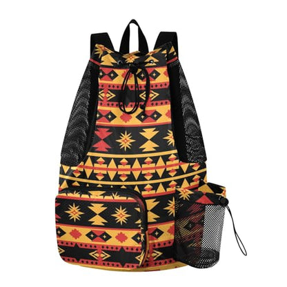 Bolaz Western Art Native Tribal Beach Drawstring Backpack Mesh Swim Bag for Men Women Swimming Gym with Wet Pocket Packable Sports