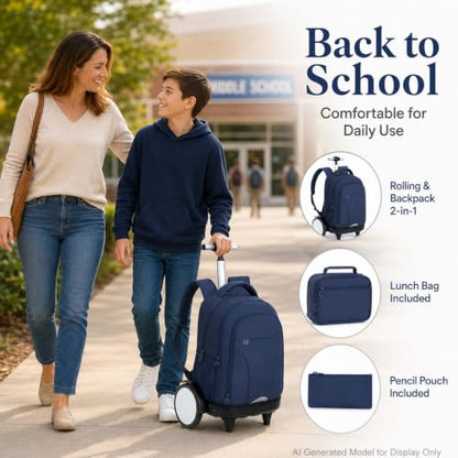 AGSDON Quiet Glide Rolling Backpack with Lunch Box Set - Large Wheel Water-Resistant Wheeled Bag for Business, Travel, and College | Navy Blue 3-in-1 Organizer Backpack - color: Reflective Blue - Rolling Backpack
