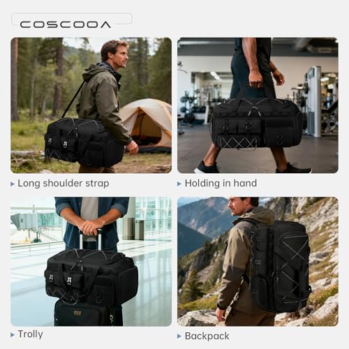 Gym Bags for Men with Shoe Compartment 60L Tactical Duffle Bag 3 in 1 Carry on Duffel Bag Travel Backpack Weekender Overnight Range Bag for Workout Football, Black - size: 60L