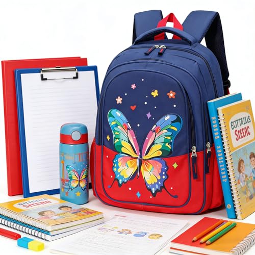 15 inch Primary School Kindergarten Schoolbag Leisure Cool Cute Cartoon Travel Backpack For Boys Girls Ages 6-10 Use - color: Red Butterfly, size: Large