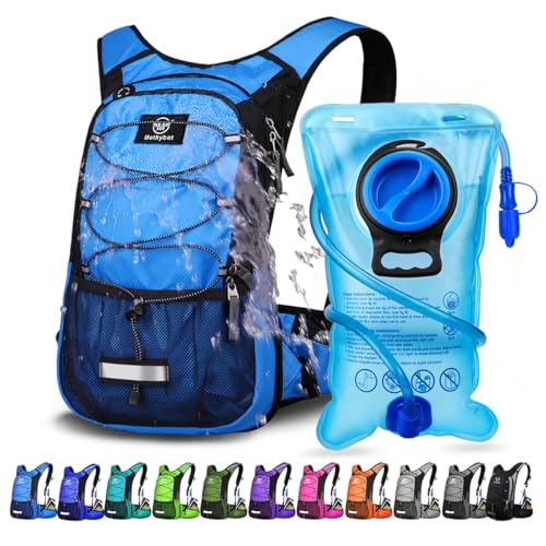 Mothybot Insulated Hydration Backpack Pack with 3L BPA Free Leak Proof Water Bladder, Large Storage Lightweight Hiking Daypack with Waist Pouches & Cooler Layer, for Running, Biking, Camping, Festival - color: Blue
