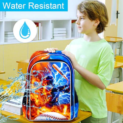 AGSDON 3PCS Boys Backpack for Boys, 17" Kids Bookbag with Lunch Box for Boy, Baseball Flame Thunder Backpacks Water Resistant and Lightweight for Teen - color: Baseball 01