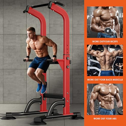 SogesPower Power Tower Dip Station Pull Up Bar for Home Gym Adjustable Height Strength Training Workout Equipment,Pull Up Bar Station - color: Red