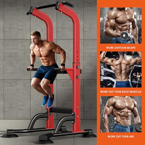 SogesPower Power Tower Dip Station Pull Up Bar for Home Gym Adjustable Height Strength Training Workout Equipment,Pull Up Bar Station - color: Red