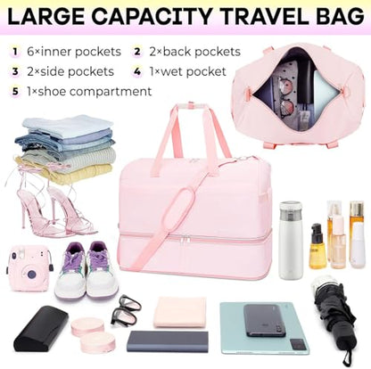 Weekender Bags for Women,Extra large 66L Expandable Travel Duffel Bag with Shoe Compartment,Overnight Bag, Waterproof Pocket,Carry On Backpack for Gym,Hospital,Beach - color: Pink