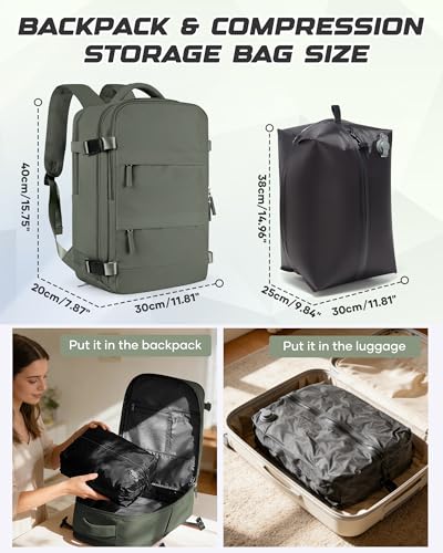 Travel Backpack for Women Men, Flight Approved Carry On Backpack with Compression Vacuum Storage Bags, 18x14x8 inches Personal Item Travel Bag with Pump Olive Green - color: Olive Green