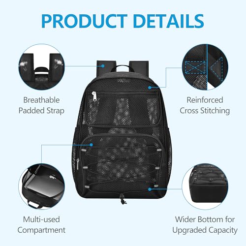 Paxiland Mesh Backpack Heavy Duty See Through Mesh Bookbag Large Backpack for Travel Swimming Outdoor Sports Beach, Black - color: Black-27l