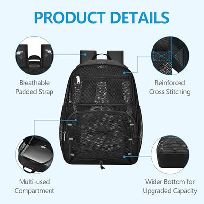 Paxiland Mesh Backpack Heavy Duty See Through Mesh Bookbag Large Backpack for Travel Swimming Outdoor Sports Beach, Black - color: Black-27l