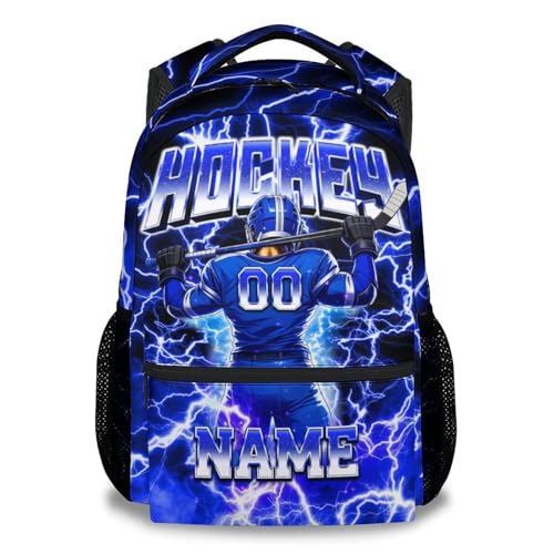 UNIKITTY Hockey Backpack for Boys Personalized Kids School Bag with Name - 17 Inch Custom Sports Ice Hockey Bookbag for Youth Little Boys Elementary Middle School Students - color: Blue