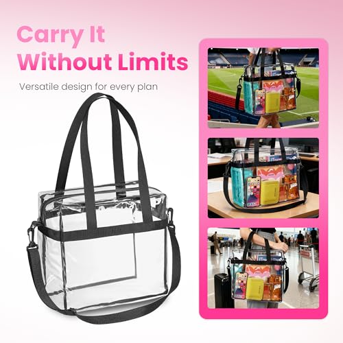 Handy Laundry Clear Bag 12x6x12 Stadium Approved - Transparent Tote Zippered Top & Shoulder Straps for Work, Sports, Concerts - color: Black