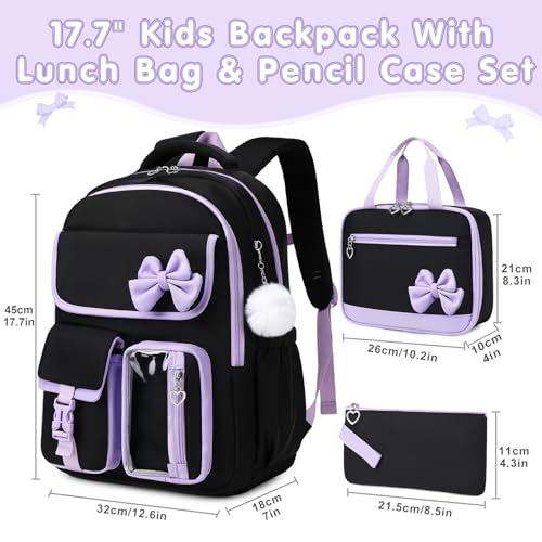 GeeWin Girls Backpack for School with Lunch Box & Pencil Case Set, 17 Inch Waterproof Cute Bow Girls Bookbag for Kids, Teens, Elementary Middle High College School Student (Black/Purple) - color: Black Purple