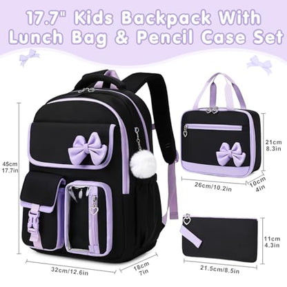 GeeWin Girls Backpack for School with Lunch Box & Pencil Case Set, 17 Inch Waterproof Cute Bow Girls Bookbag for Kids, Teens, Elementary Middle High College School Student (Black/Purple) - color: Black Purple