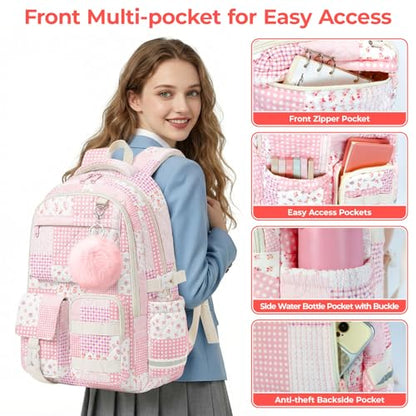 Quilted Backpack for Teen Girls,Cute Pink Patchwork School Backpack with Multi-Pocket Design,Lightweight Cotton Bookbag Fits 15.6" Laptop,Large Capacity Aesthetic Backpack with Plush Charm - color: Pink Patchwork